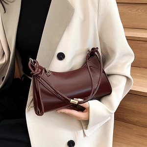 Women Glossy Patent Leather Baguette Bag Minimalist Underarm Shoulder Bag With Knot Strap Detail Retro Chic Handbag
