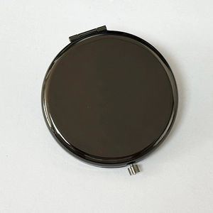 Glossy black portable metal makeup mirror with round double-sided folding design