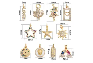 Detailed size specifications for brass star and smiley face jewelry charms in millimeters