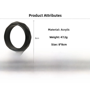 Detail of black acrylic geometric bracelet showing dimensions of 8x8cm and 47.2g weight