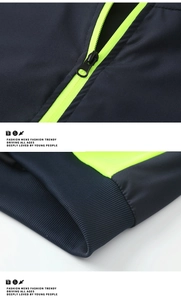 Dettagli della giacca sportiva con cerniera verde neon e polsini elastici a coste