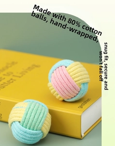 Detail of colorful hand-woven cotton rope ball toy showing tight texture and craftsmanship