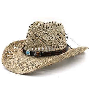 Chapeau De Paille Cowboy Western Bord Large Respirant Soleil Avec Perles En Bois Turquoise Bande Cuir Homme Femme