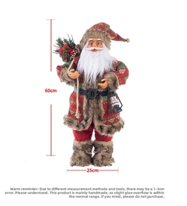 Close-up of a 60cm standing Santa Claus doll with lantern and pinecone gift bag details