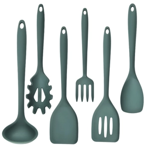 6-piece dark green heat-resistant silicone kitchen utensil set with spoons and spatulas