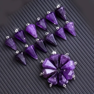 Polished hexagonal amethyst crystal point pendant necklaces with silver metal clasps