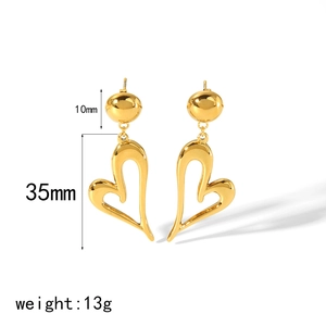 Minimalist 18k gold plated stainless steel heart dangle earrings, length 45mm, weight 13g