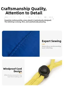 Détail du chapeau de soleil bleu montrant des coutures et un cordon coupe-vent réglable