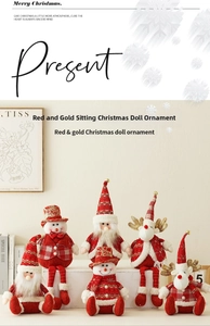 Close-up of five Christmas gnomes and reindeer plush ornaments in a cozy home setting