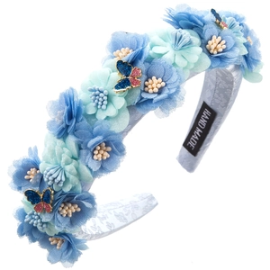 Floral hairband with multi-layer silk flowers and blue glitter butterflies for women