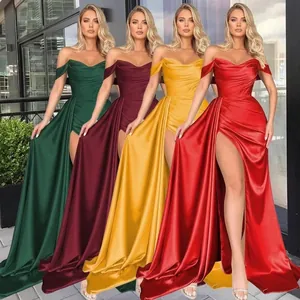 Elegant off-shoulder satin evening gown with high slit in four different colors