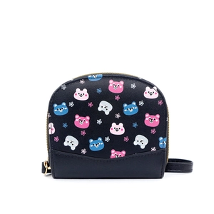 Compact black PU leather purse with colorful cartoon bear prints and golden zipper