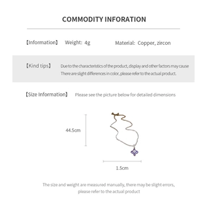 Tableau des tailles et matériaux pour le collier trèfle en zircon avec dimensions