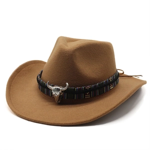 Macro shot of brown felt cowboy hat with ethnic braided band and silver ox head detail
