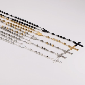 Set of five stainless steel 6mm rosary bead necklaces with vintage egg pendants in various colors