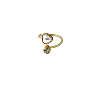 Gold adjustable heart ring with mother of pearl inlay and sparkling zircon stone