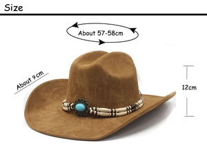 Detailed view of brown suede cowboy hat featuring turquoise stone and ethnic beadwork