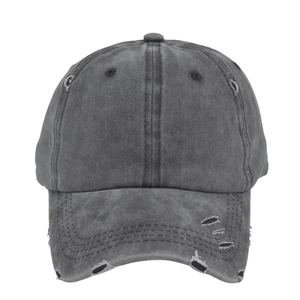 Vintage dark gray washed cotton ponytail baseball cap with distressed ripped hole details