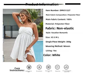 Detail view of white backless A-line dress with bow, featuring 100% polyester fabric info