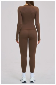 Rear view of deep brown brushed yoga set with high waist leggings and long sleeve top
