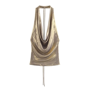 Halter Neck Top Metallic Texture Shiny Backless Drape Neck Slim Fit Party Clubwear For Women