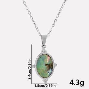 Detailed view of oval abalone shell pendant on 304 stainless steel chain with dimensions