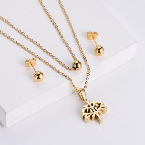 Parure de bijoux en acier titane doré avec pendentif arbre de vie et boucles d'oreilles
