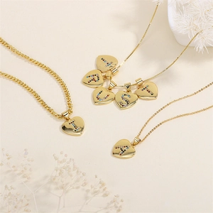 18K gold plated copper heart necklace with colorful zircon letters and Cuban chain link