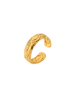 Macro detail of gold-plated evil eye adjustable ring with intricate beaded edges