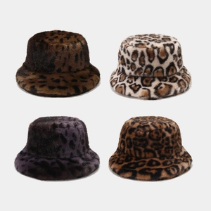 Women Leopard Print Faux Fur Bucket Hat Thick Warm Winter Plush Fisherman Hat Streetwear Casual Outdoor Sunshade Cap