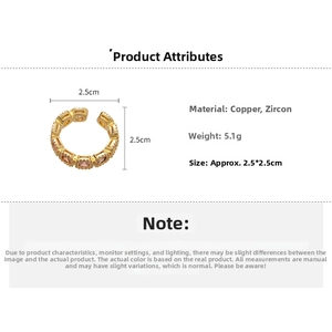 Detailed view of 14k gold plated open ring with square cubic zirconia and dimensions