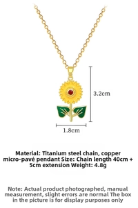 Titanium steel sunflower pendant necklace showing size dimensions of 3.2x1.8cm
