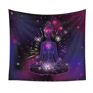 Detail of meditation tapestry with chakra silhouette and galaxy star pattern