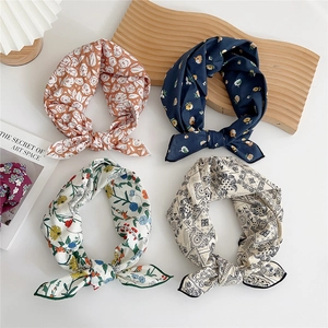 Set of four floral and paisley square neck scarves in orange, navy, and beige cotton linen