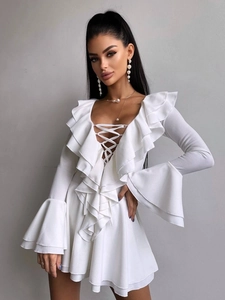 Robe Courte Col En V Lacée À Volants En Polyester Élasthanne Manches Évasées Moulante Élégante Pour Femmes