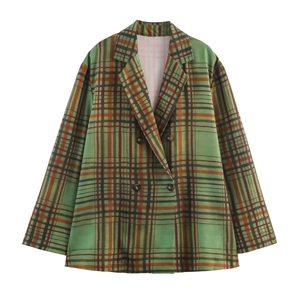 Completo donna con blazer doppiopetto e pantaloni a quadri verdi e marroni stile vintage