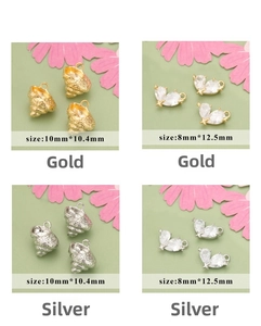 Detailed view of DIY shell and heart pendants in gold and silver finish with dimensions