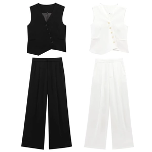 Women Suit Vest And Wide Leg Pants Polyester Asymmetric Hem V Neck Business Casual Streetwear Outfits