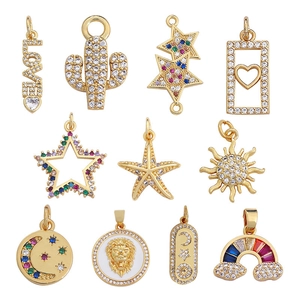 DIY colorful zircon star and heart pendants in gold-plated brass for jewelry making