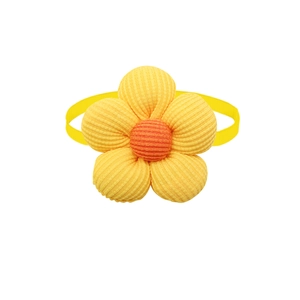 Detailed view of handmade yellow and orange knitted flower pet collar accessory