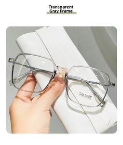 Detailed close-up of transparent grey square frame glasses with anti-blue light lenses