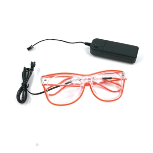 Detail view of red LED glowing glasses set including wired battery pack controller
