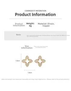Detail showing dimensions of gold-plated flower stud earrings with zircon inlay