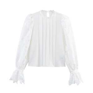 Women Elegant White Lace Patchwork Blouse Long Flare Sleeve Accordion Pleated Round Neck Sweet Commute Shirt Top