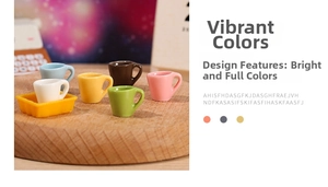 Detailed view of six miniature colorful resin mugs with a yellow square tray accessory