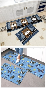 Detail of waterproof kitchen mat set featuring Shiba Inu patterns and floral designs