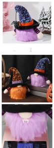 Detail of Halloween gnome plush with sequined hat, plastic spider and vampire fangs