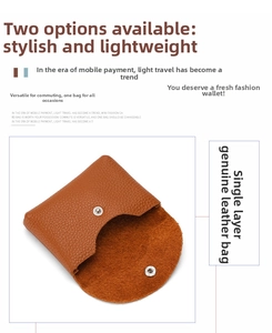 Detail view of brown pebbled leather coin purse with silver metal snap button closure