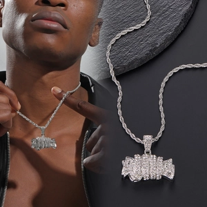 Collier Pendentif Rouleau de Billets Hip Hop Alliage Strass Chaîne Corde en Acier Inoxydable Bijoux Streetwear Unisexe