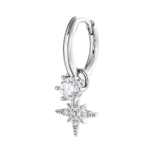Elegant silver star hoop earring with sparkling zircon and star-shaped pendant on white back